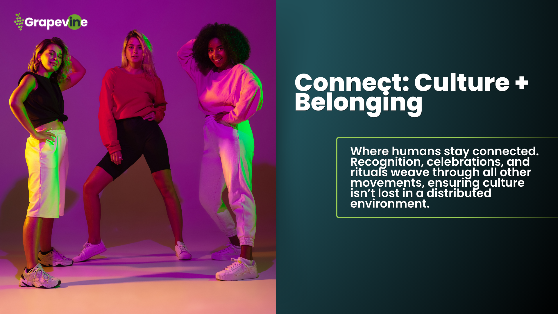 The Grapevine Digital Workplace Framework™ is a new model for how work actually flows across modern organizations. It helps companies balance real-time and async collaboration, protect deep focus, and centralize knowledge in a structured, searchable, and shared system. By weaving together Sync, Align, Focus, Share, and Connect—supported by the 3 S’s safeguards—leaders reduce tool sprawl, prevent wasted time, and build clarity, alignment, and belonging across distributed teams. This framework redefines the future of work by creating sustainable, scalable employee experiences that go beyond the office.