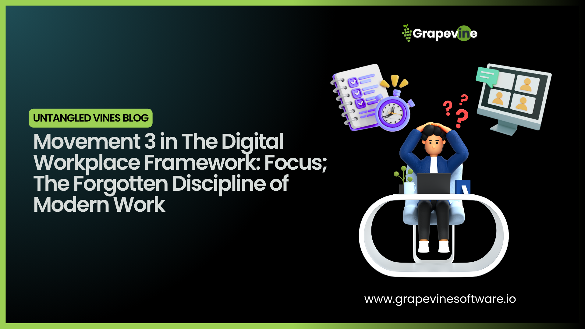 Discover how to rebuild focus in a distracted world using the Grapevine Digital Workplace Framework™. Learn how Sync, Align, and Share create the conditions for deep work and sustainable productivity. Focus is a system design challenge, not a personal one. It requires balancing real-time (Sync) and async (Align) communication while storing decisions and knowledge in structured, searchable systems (Share). This reduces interruptions, search time, and duplicated effort, allowing employees to spend more time in deep work.