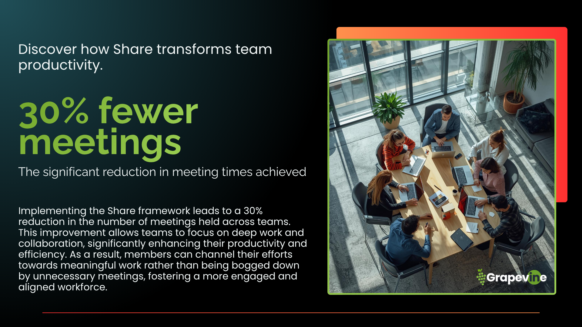 Learn how to reduce meetings and improve alignment through structured, searchable, and shared knowledge systems using the Grapevine Digital Workplace Framework™. By adopting systems that make knowledge structured, searchable, and shared across locations and time zones. This approach reduces meetings, improves focus, and enables employees to self-serve the information they need when they need it.