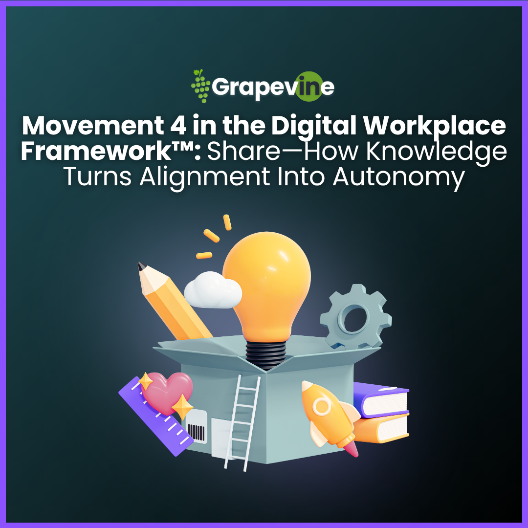 Learn how to reduce meetings and improve alignment through structured, searchable, and shared knowledge systems using the Grapevine Digital Workplace Framework™. By adopting systems that make knowledge structured, searchable, and shared across locations and time zones. This approach reduces meetings, improves focus, and enables employees to self-serve the information they need when they need it.