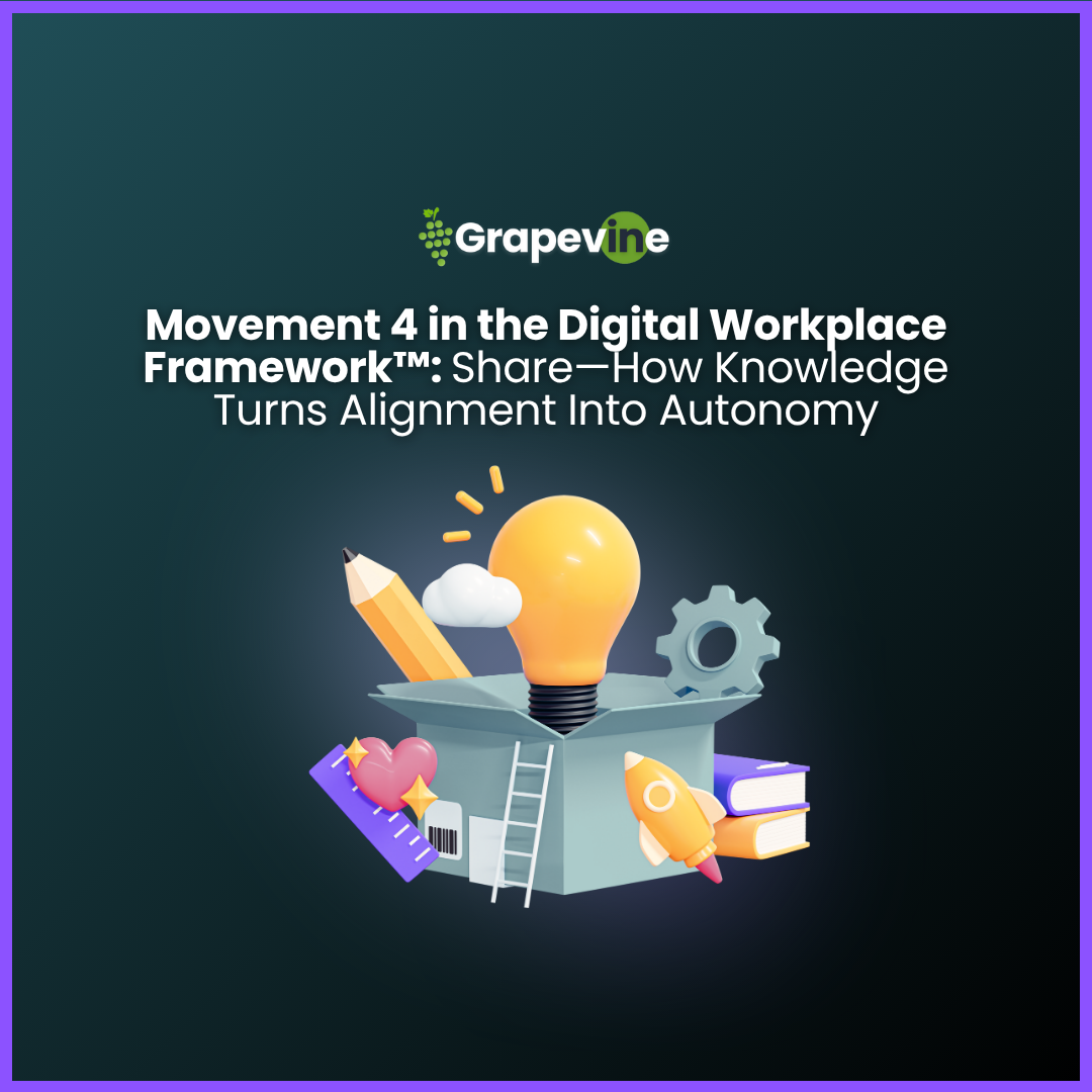 Learn how to reduce meetings and improve alignment through structured, searchable, and shared knowledge systems using the Grapevine Digital Workplace Framework™. By adopting this system you will reduce meetings, improve focus, and enable employees to self-serve the information they need when they need it.
