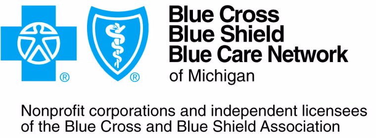 Blue Cross Blue Shield Blue Care Network of Michigan logo with text stating nonprofit corporations and independent licensees of the Blue Cross and Blue Shield Association.
