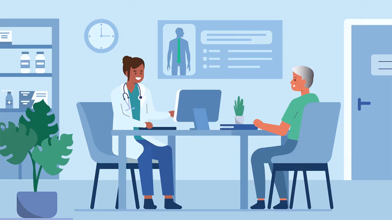 Illustration of a doctor and an elderly patient sitting at a desk in a medical office, with a computer, medical chart on the wall, and plants around.