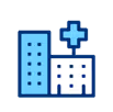 Icon of a blue and white hospital building with a medical cross on top.