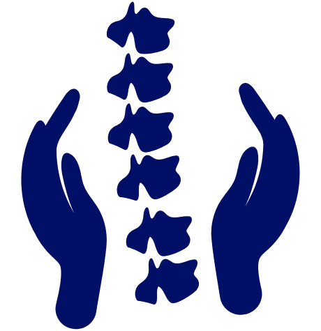 Stylized blue human hands surrounding a vertical line of spine shapes