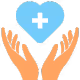 Two hands cupping a blue heart with a white medical cross symbol inside it.