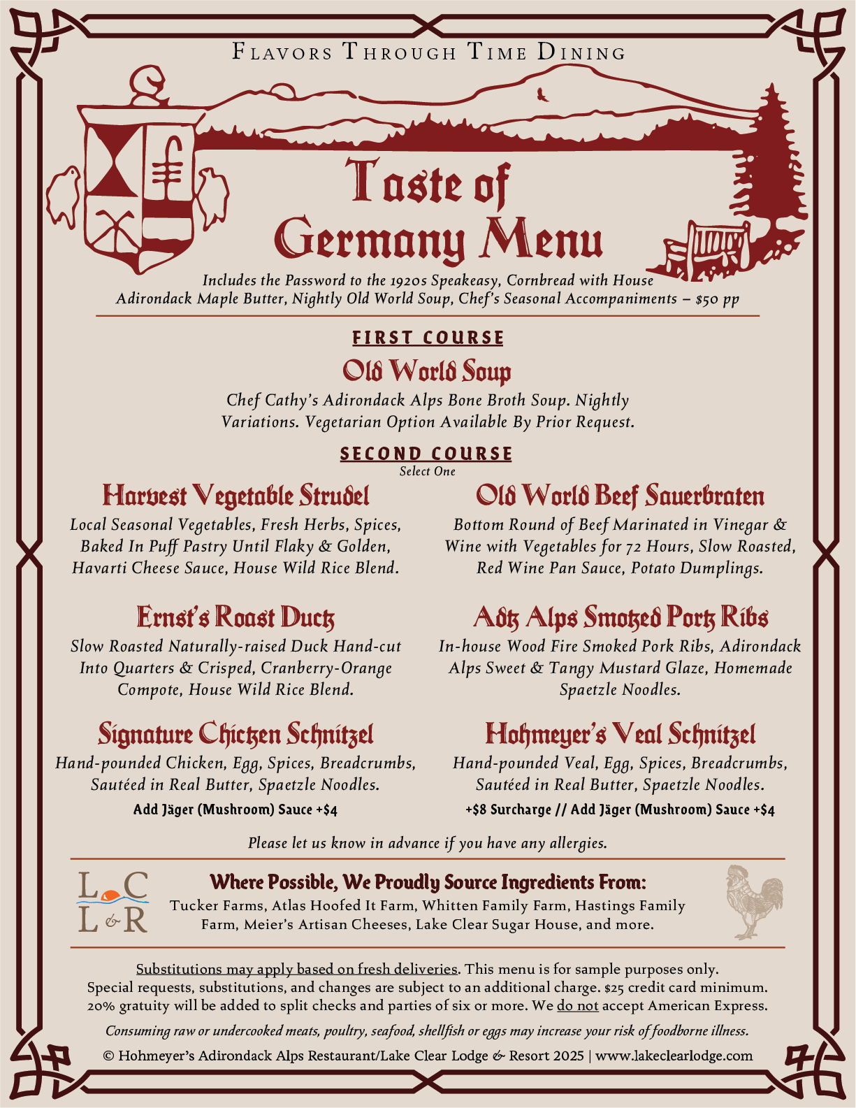 Flavors Through Time Dining: Taste of Germany Menu. Click for PDF version.