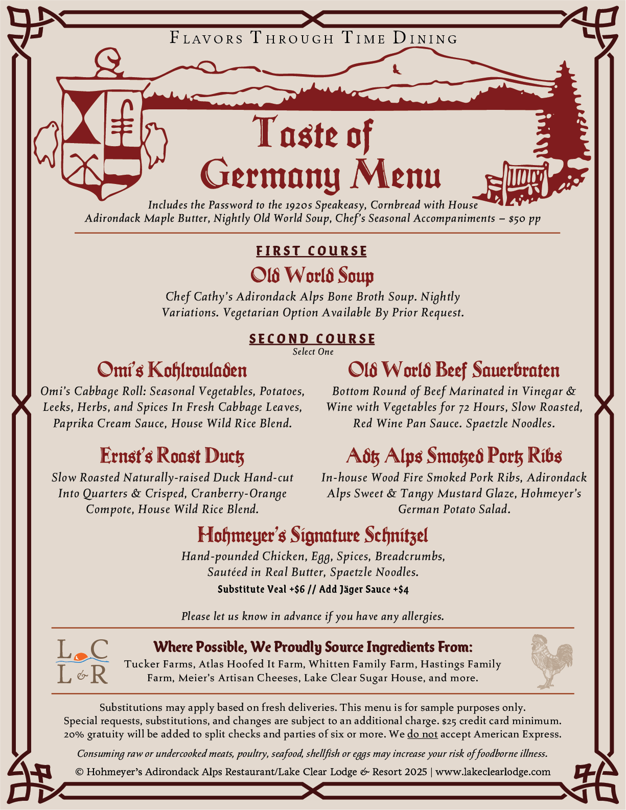 Flavors Through Time Dining: Taste of Germany Menu. Click for PDF version.