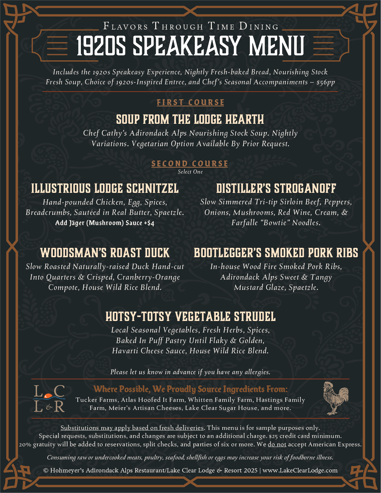 1920s Speakeasy Menu featuring first course soup and a selection of second course entrées including schnitzel, stroganoff, roast duck, smoked pork ribs, and vegetable strudel.