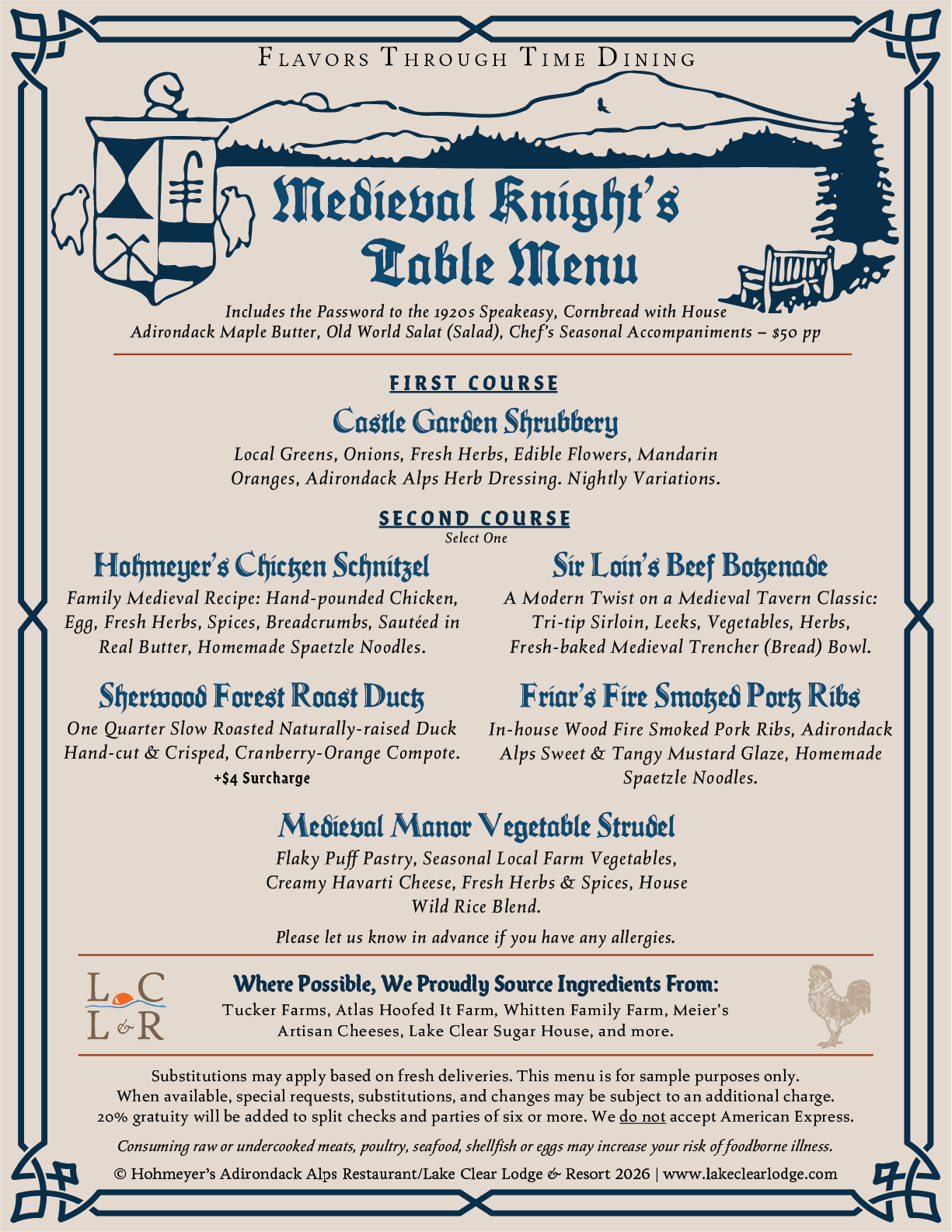 Flavors Through Time Dining: Medieval Knight's Table Menu. Click image for PDF version.
