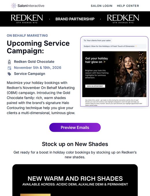 Salon email: upcoming Redken Gold Chocolate service campaign