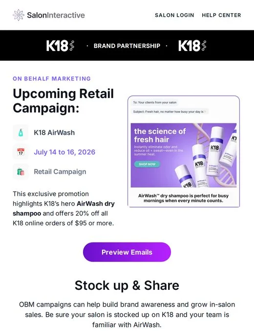 Salon email: upcoming K18 AirWash retail campaign