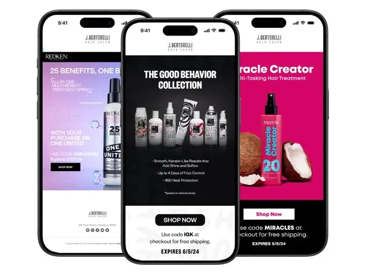 Brand sponsored email campaigns shown on three phones