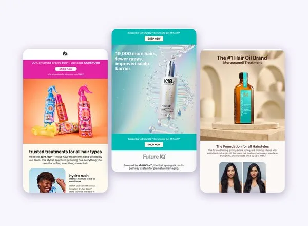 Examples of retail On Behalf Marketing emails from amika, K18 and Moroccanoil