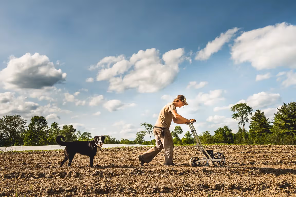 Farmer using manual cultivator with dog on plowed field under cloudy sky
