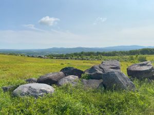 Large rocks in grassy meadow with distant mountains and blue sky