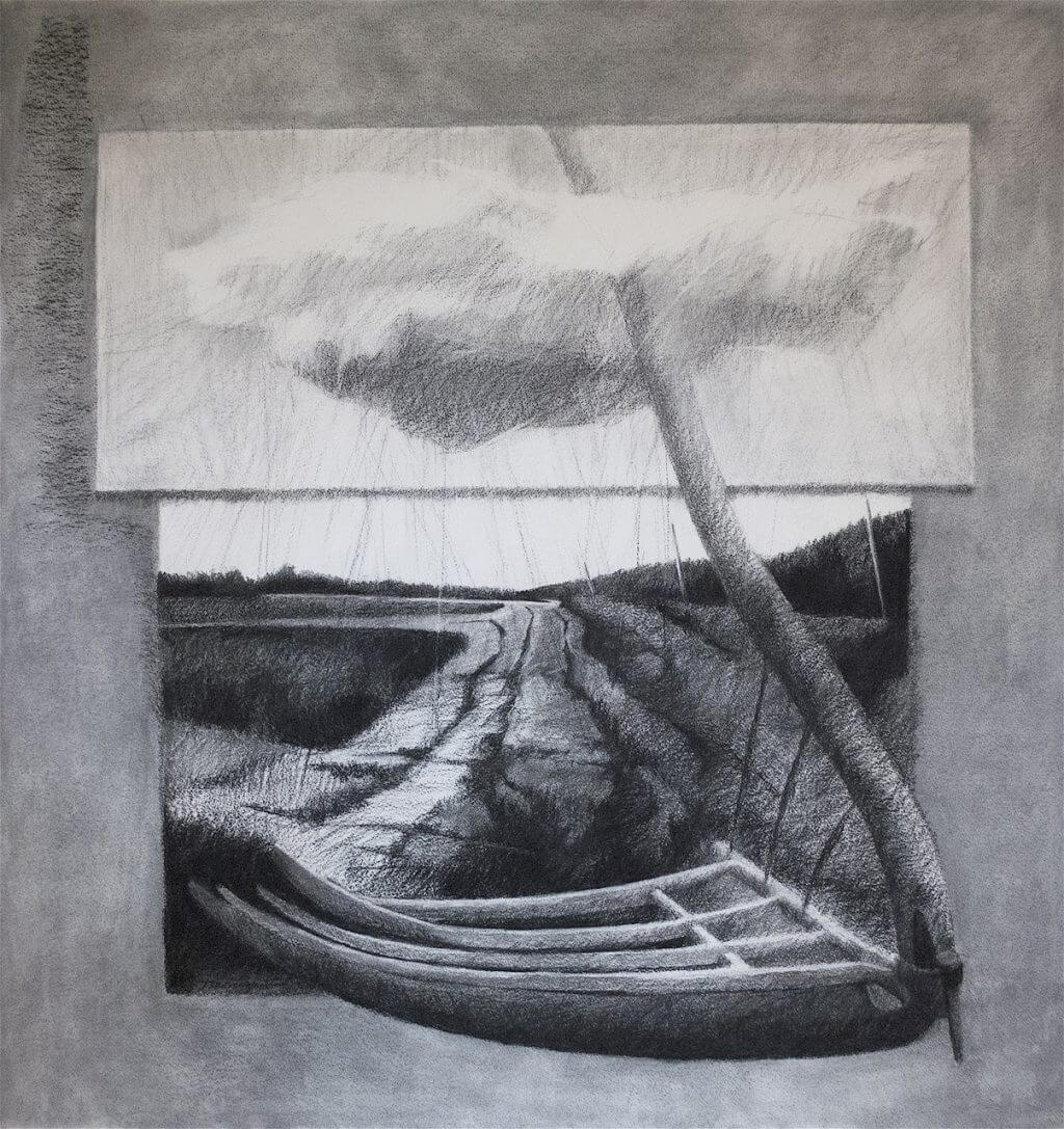 Grayscale drawing of a boat on a stormy landscape with dramatic clouds