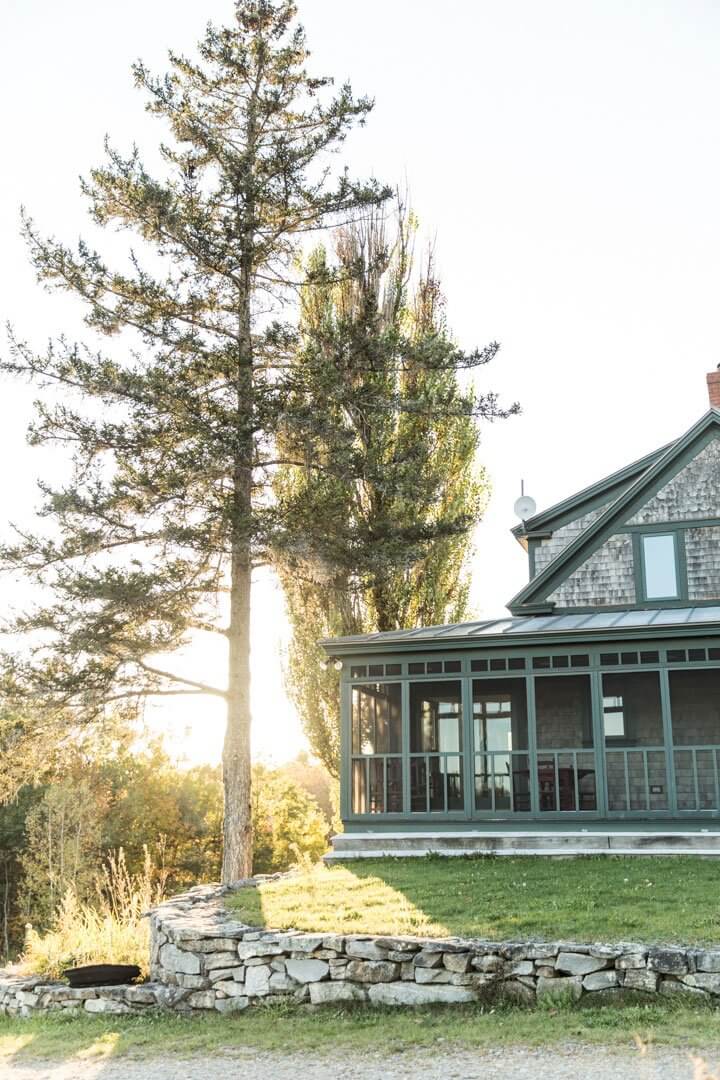 Sunlit green house with stone wall and tall pine tree in yard