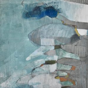 Abstract painting with blue and gray organic shapes layered vertically