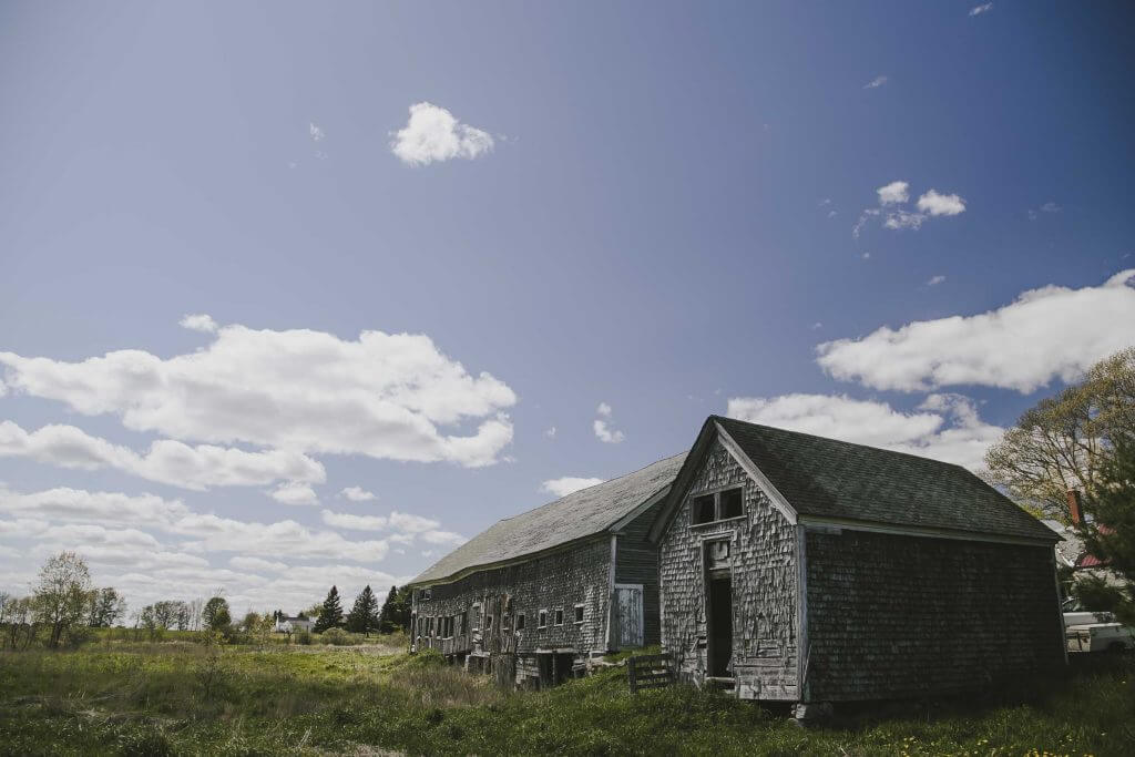 Old weathered barn in grassy field under fluffy white clouds