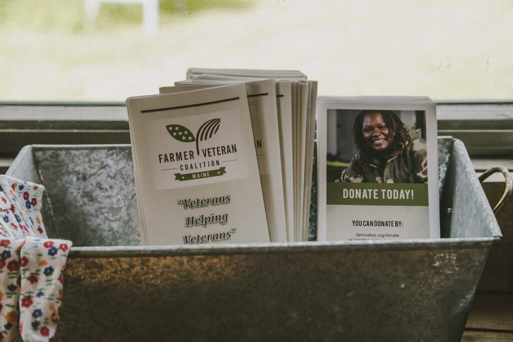Farmer Veteran Coalition of Maine brochures in a metal container