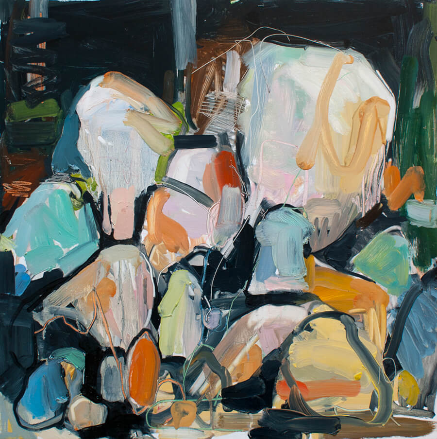 Abstract painting with fluid shapes in pastel and dark colors