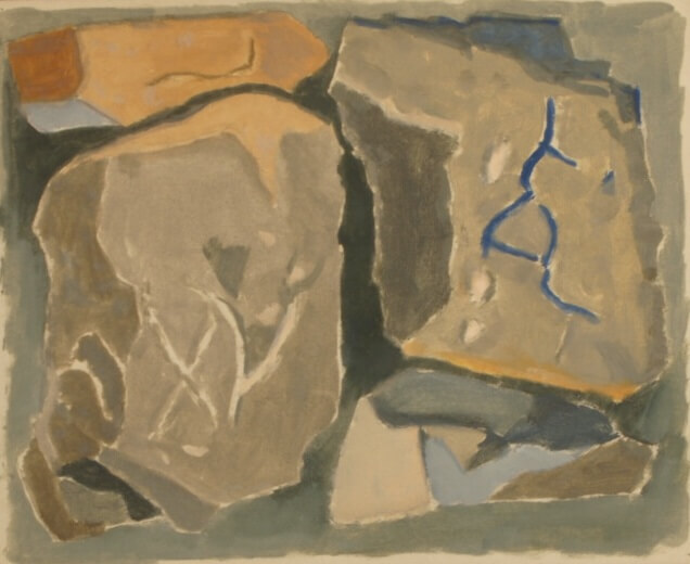 Abstract painting of stone-like shapes in muted earth tones