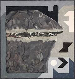 Abstract geometric artwork with textured shapes in grayscale tones