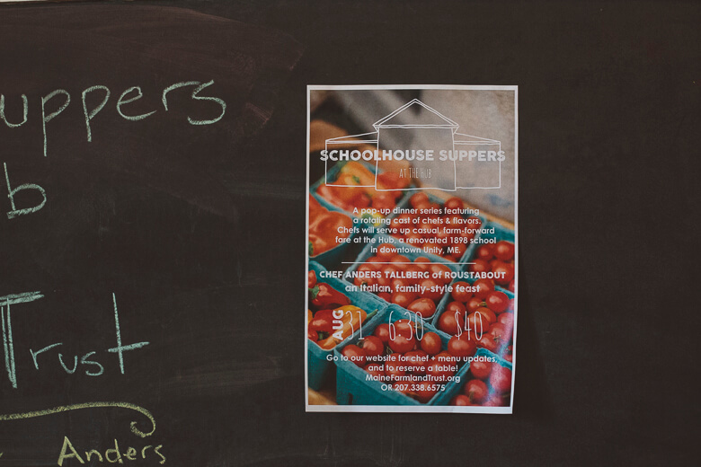 Schoolhouse Suppers poster with chef details and tomato background