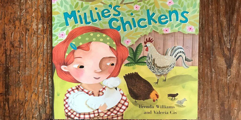 Illustrated children's book cover featuring a girl and her chickens