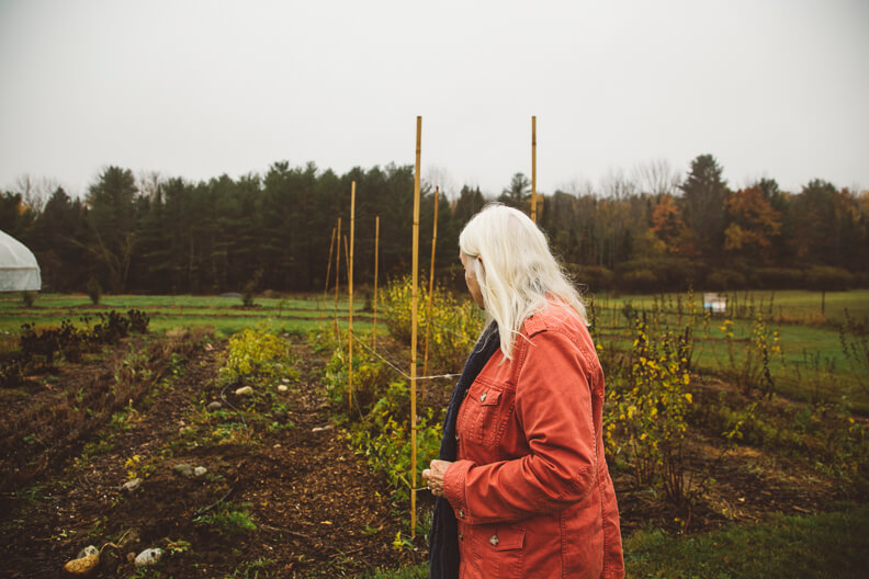 Person in red jacket standing in garden with wooden stakes and autumn trees