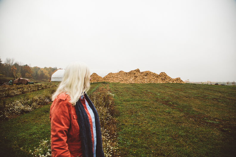 Person in red jacket looking at large wood chip pile in rural landscape