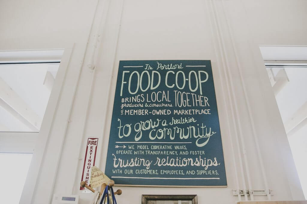 Portland Food Co-op mission statement sign highlighting community values