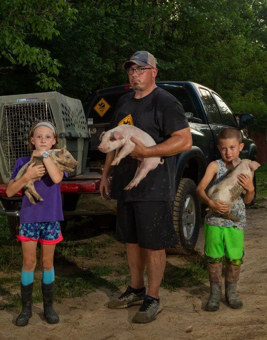 Family holding piglets near truck with animal carrier outdoors