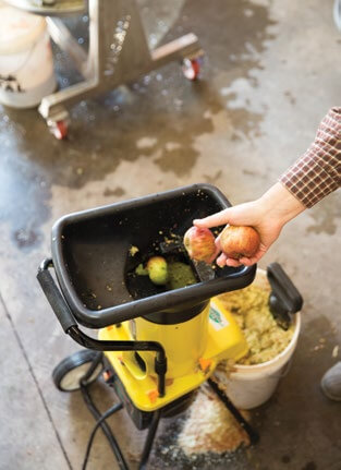 Hand peeling potatoes into yellow compost bin near white bucket