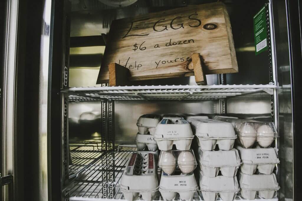 Refrigerator shelf with egg cartons and handwritten sign selling eggs