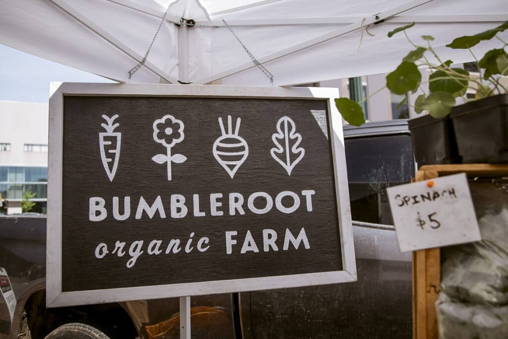 Bumbleroot Organic Farm sign with vegetable and nature icons