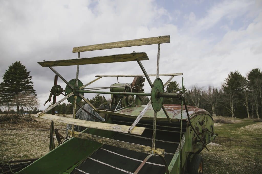 Vintage green agricultural machine in rural field with pine trees