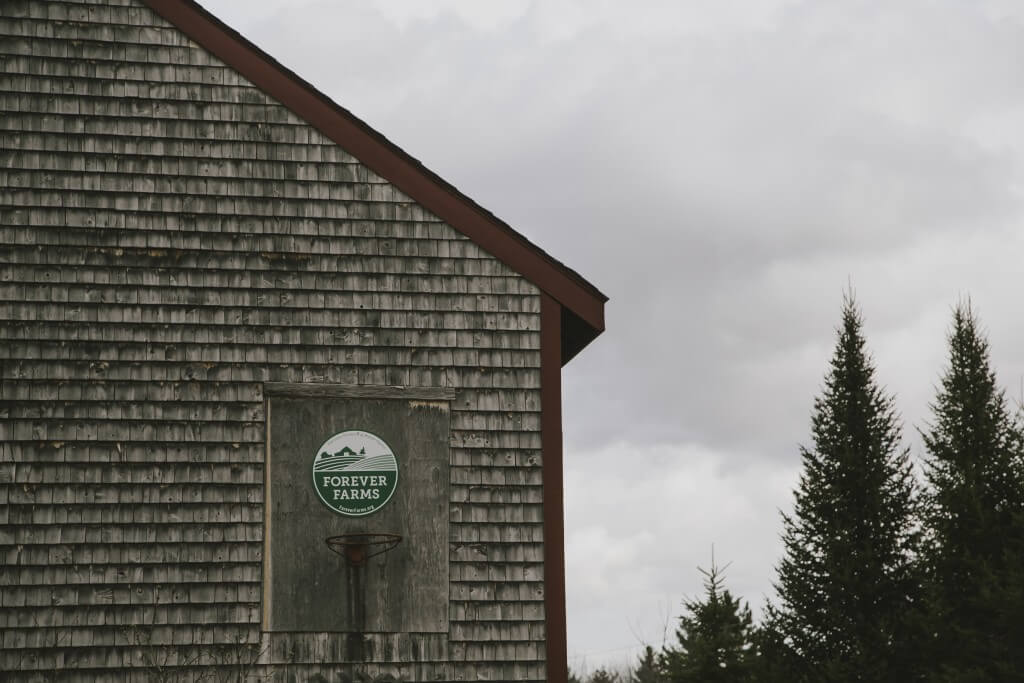 Weathered wooden barn with Forever Farms logo against cloudy sky