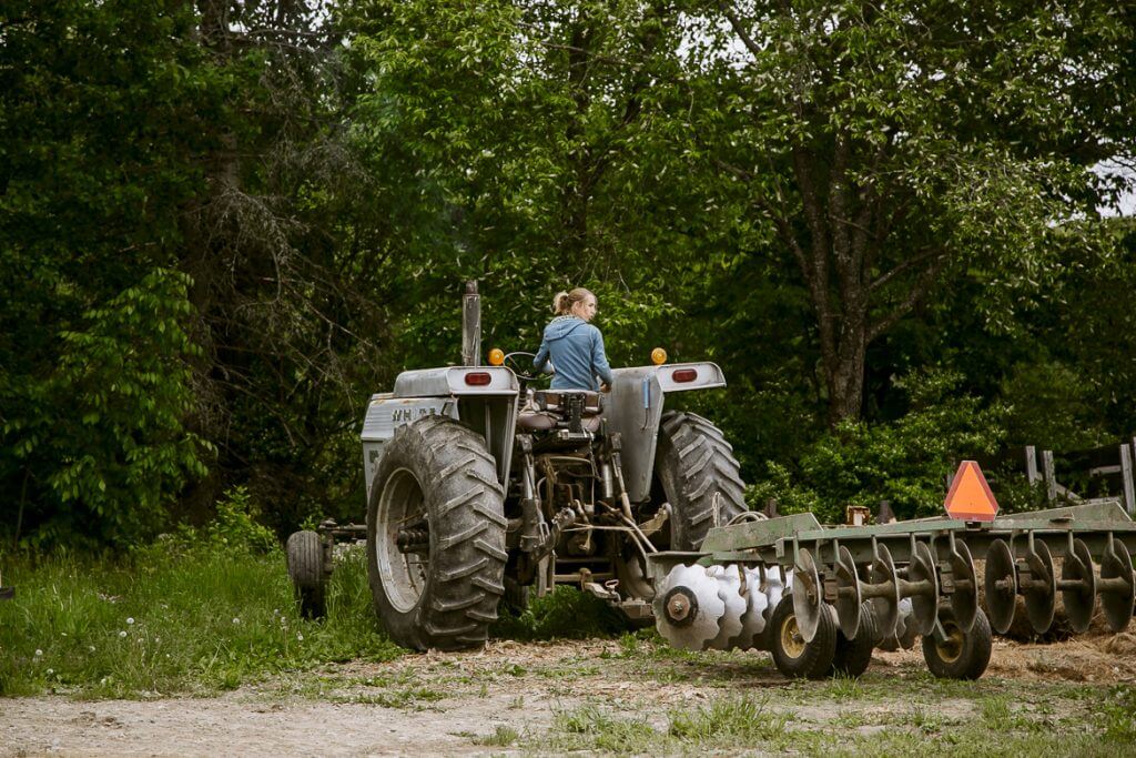 Farmer operating vintage tractor with disc harrow in wooded field
