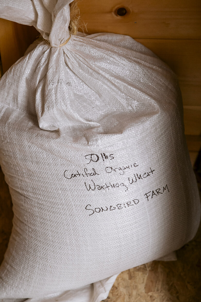 White sack of organic wheat from Sonebird Farm