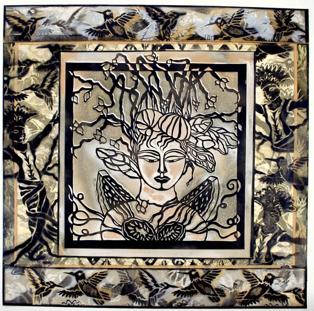 Stylized female face with floral hair, surrounded by birds in monochrome artwork