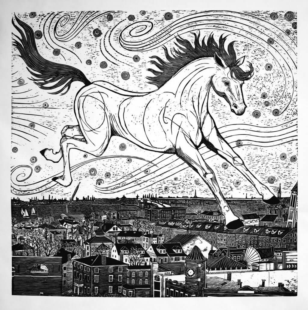 Surreal black and white etching of a leaping horse over a cityscape