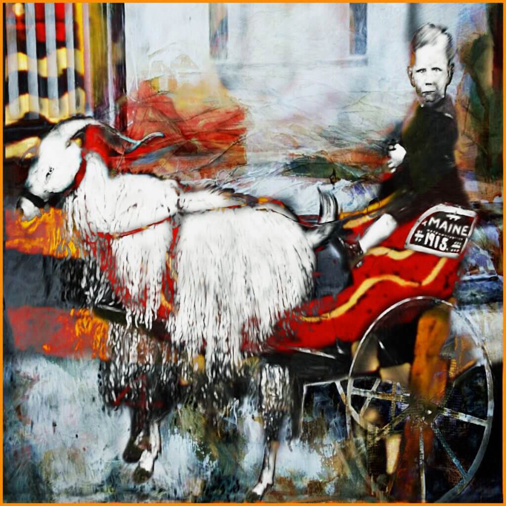 Abstract artwork with white sheep, red elements, and Maine state reference