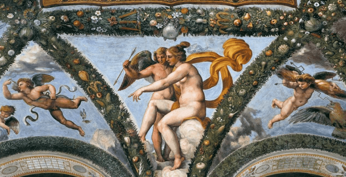 Renaissance fresco with mythological figures and winged angels amid ornate decoration
