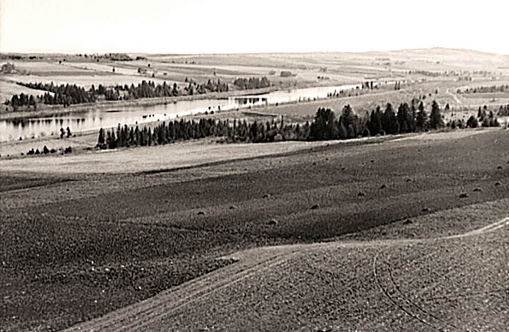 Black and white landscape with river, trees, and rolling fields