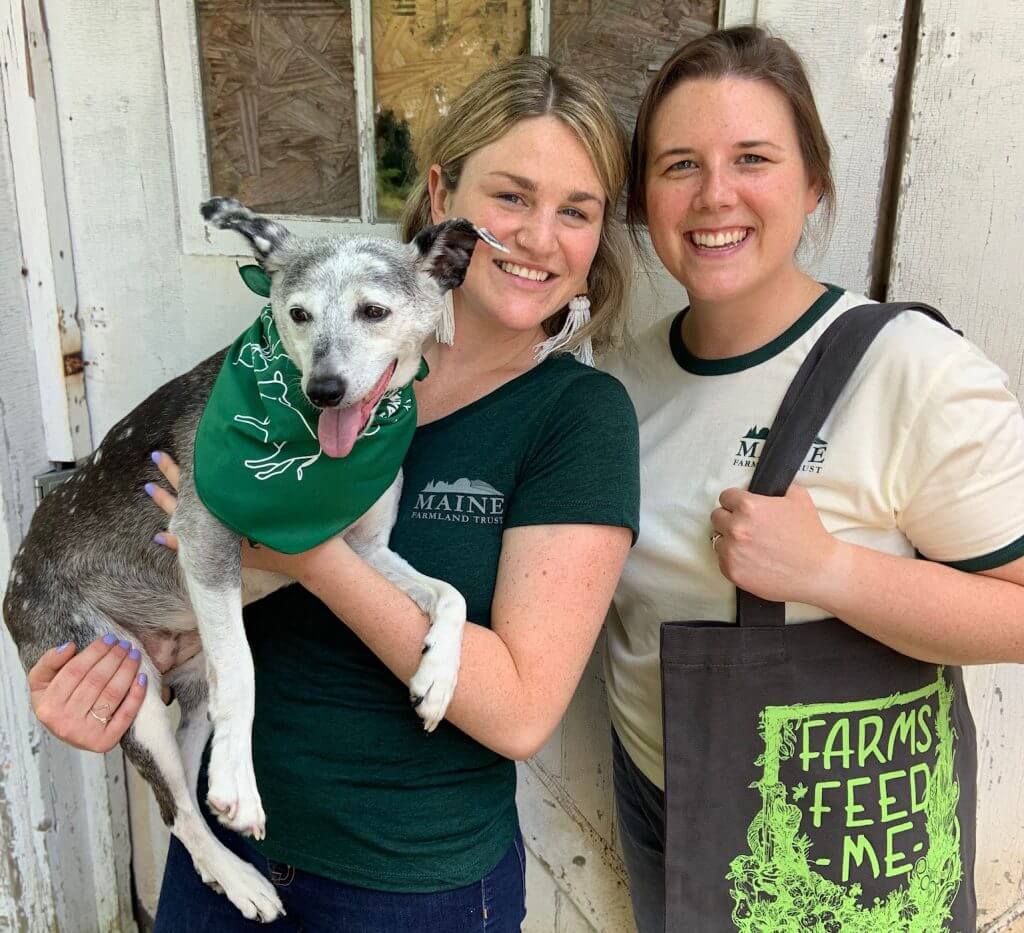 Smiling woman holding gray dog with green bandana, another woman beside her