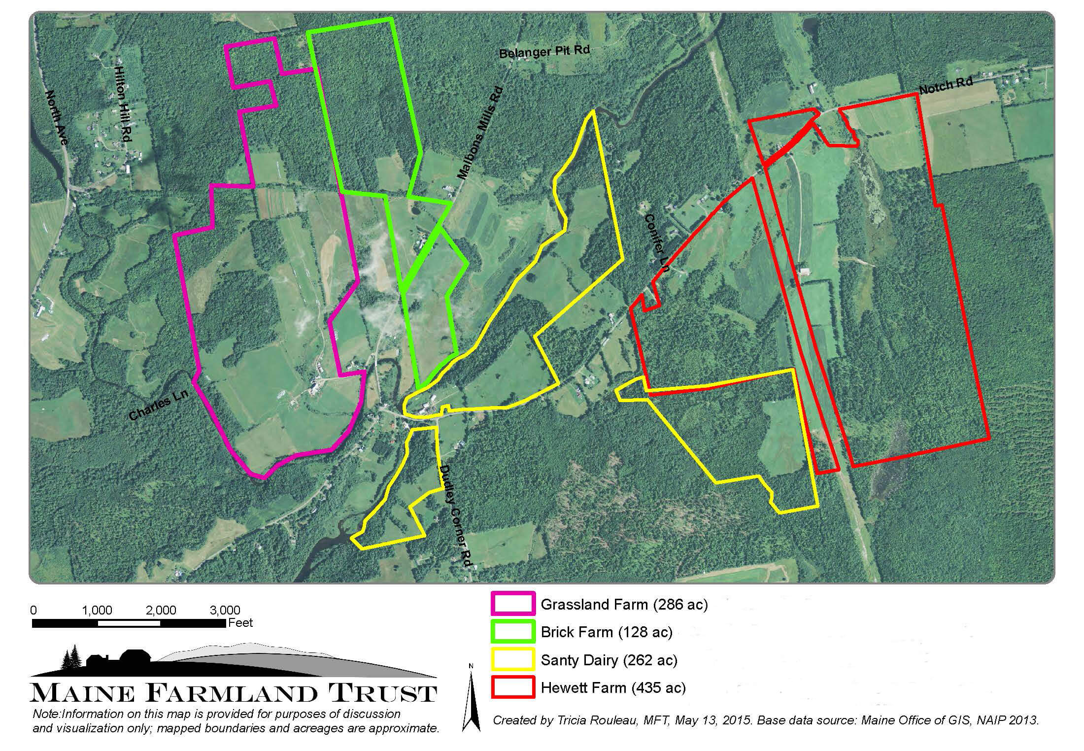 Aerial map of farmlands with color-coded property boundaries in rural landscape