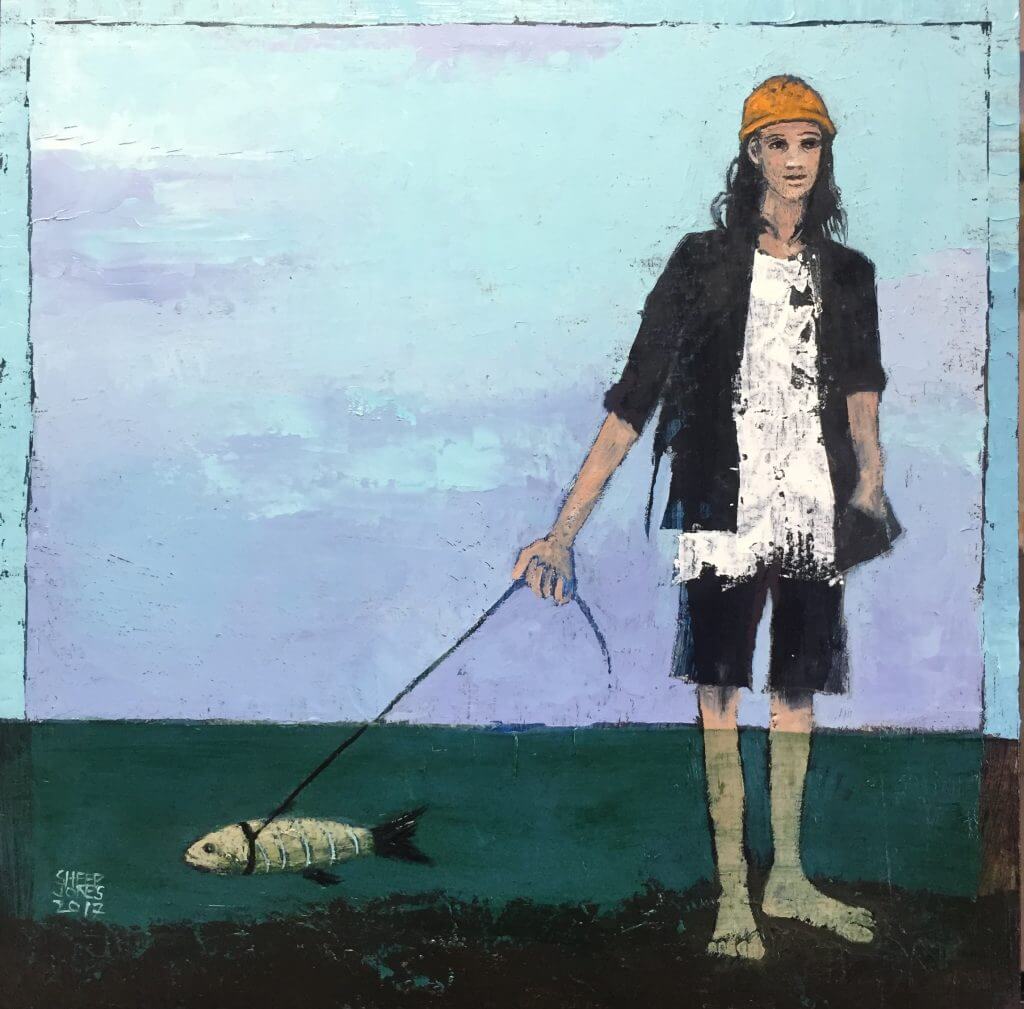 Person in orange hat walking fish on leash against surreal background