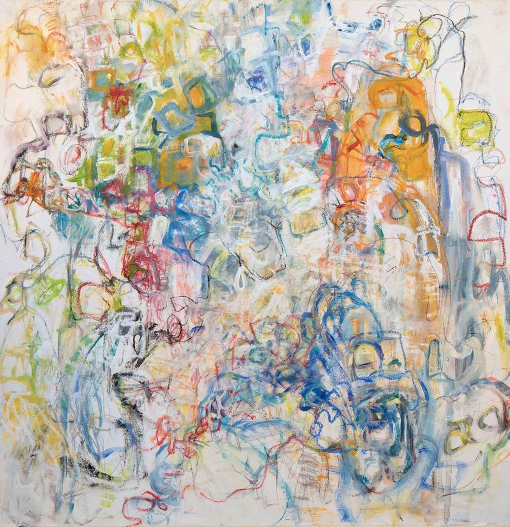 Colorful abstract painting with overlapping shapes and soft pastel tones